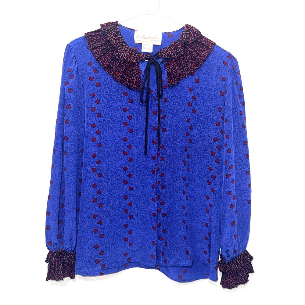 RARE Vintage 70's Zandra Rhodes Silk Blouse With Ruffle Collar - Blue/Red 8